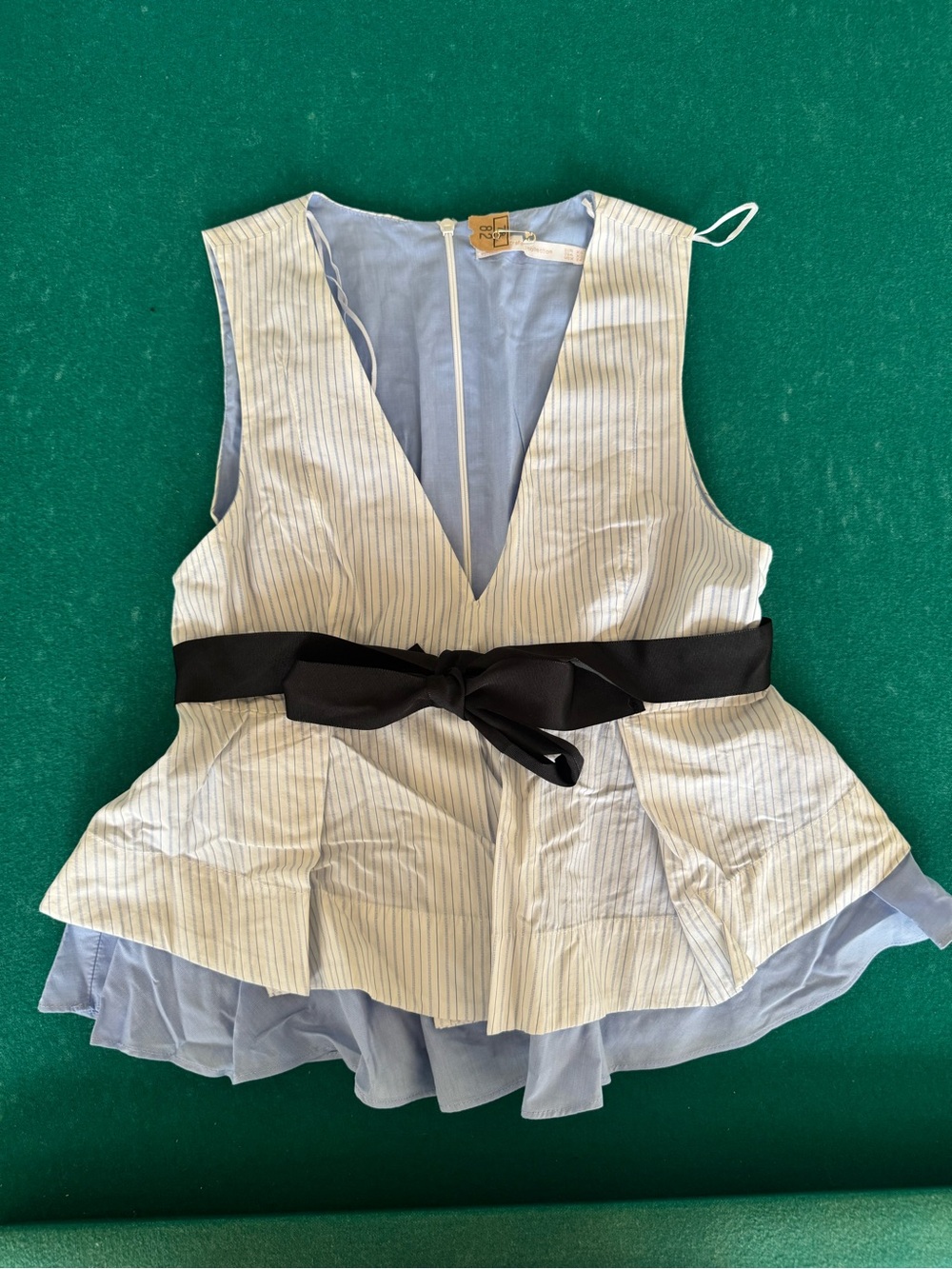 Zara Light Blue Pinstripe Peplum V-Neck Top with Black Bow